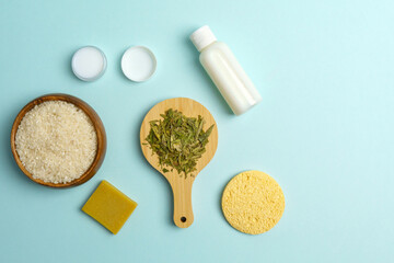 Fermented skin care cosmetic, with powerful nature fermentation ingredients rice, green tea leaves. Flat lay.