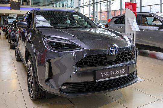 Chwaszczyno, Poland - May 14, 2022: New model of Toyota Yaris Cross presented in the car showroom