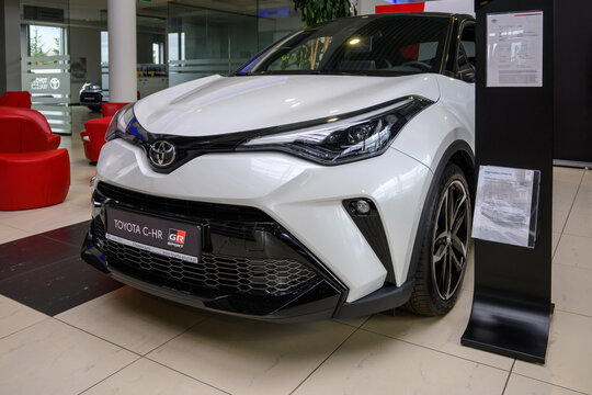 Chwaszczyno, Poland - May 14, 2022: New model of Toyota C-HR presented in the car showroom
