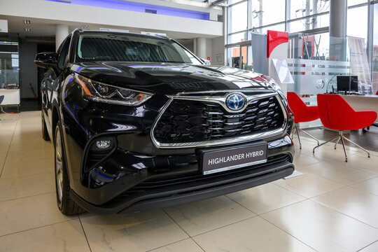 Chwaszczyno, Poland - May 14, 2022: New model of Toyota Highlander Hybrid presented in the car showroom