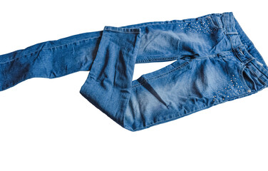 Clothes for cool weather, for girls,women and men,jeans pants,blue, blue jeans, highlighted on a white background. Denim clothing. Skinny Tight Blue Jeans are lying on a white light table.