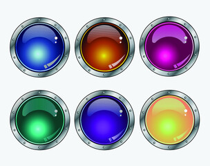 Modern buttons in silver outline, blue, green, pink. Used for web design, posters, banners, illustrations.
