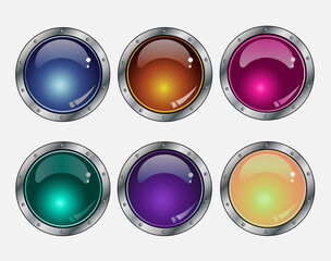Modern buttons in silver outline, blue, green, pink. Used for web design, posters, banners, illustrations.
