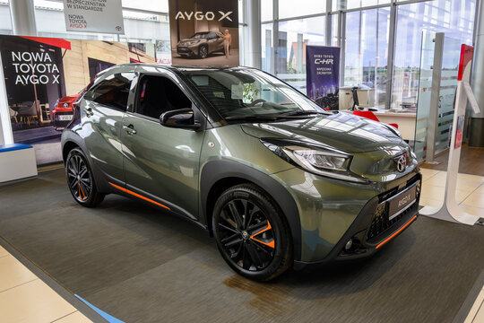 Chwaszczyno, Poland - May 14, 2022: New model of Toyota Aygo X presented in the car showroom