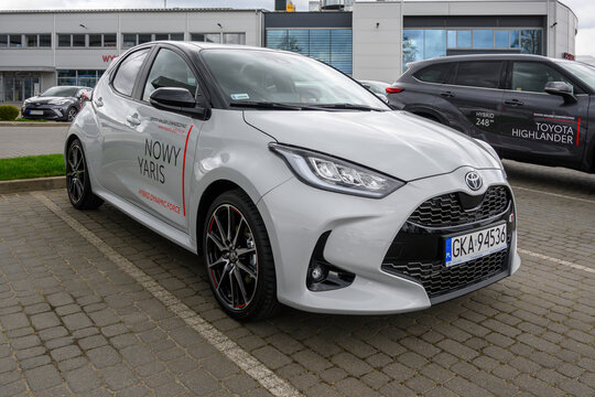 Chwaszczyno, Poland - May 14, 2022: New model of Toyota Yaris presented in the car showroom