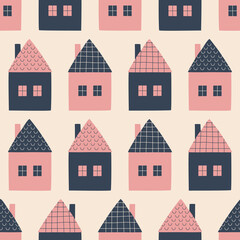 Funny colorful houses with chimneys hand drawn vector illustration. Adorable fairy town seamless pattern for children fabric.