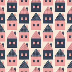 Colorful fairy houses with chimneys hand drawn vector illustration. Cute fantasy town seamless pattern for kids fabric or wallpaper.