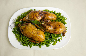 Arabic cuisine; Egyptian traditional stuffed pigeon or -Hamam Mahshi- dish