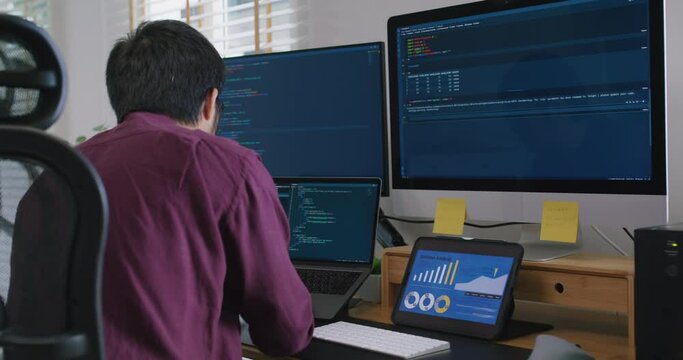 Digital transformation future workforce web DEV career development. Asia people young talent man busy work at home office reskill upskill martech job remote test on AI cloud computing cyber security.