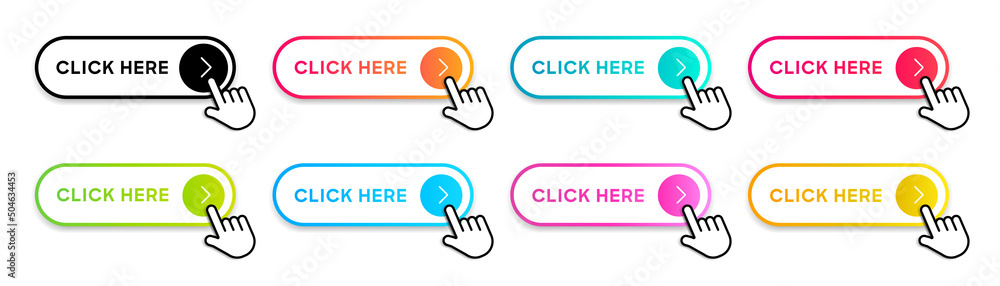 Fototapete Click here web buttons with hand cursor. Set of action button click here with arrow pointer. Click button. Modern action button mouse click symbol. Computer mouse click cursor or Hand pointer symbol.
