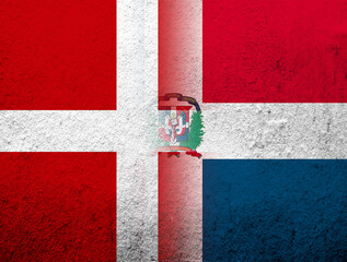 the Kingdom of Denmark National flag with National flag of Dominican Republic. Grunge Background
