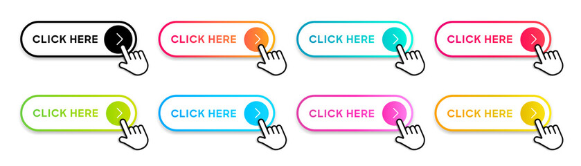 Click here web buttons with hand cursor. Set of action button click here with arrow pointer. Click button. Modern action button mouse click symbol. Computer mouse click cursor or Hand pointer symbol.