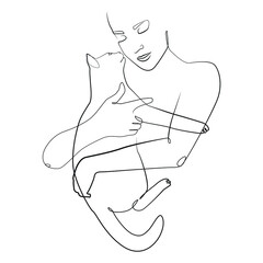 Woman with cat one line drawing on white isolated background 