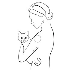 Woman with cat one line drawing on white isolated background 