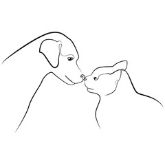 Dog and cat one line drawing on white isolated background