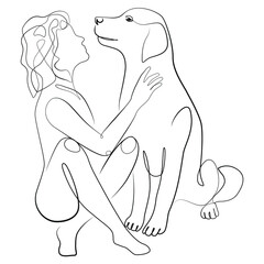 Woman with dog one line drawing on white isolated background
