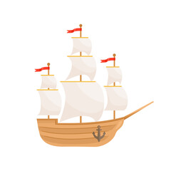 Sailing ship isolated on white. Vector old wooden sailboat. Cartoon flat illustration.