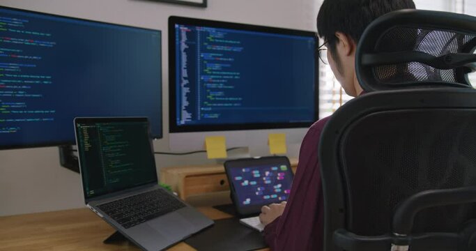 Digital transformation future workforce web DEV career development. Asia people young talent man busy work at home office reskill upskill martech job remote test on AI cloud computing cyber security.