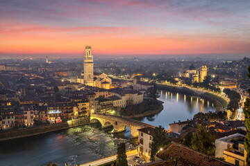 Verona, Italy town skyline on the Adige River