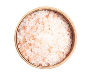 Large crystals pink Himalayan salt in a wooden box isolated on white background.Top view