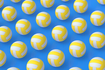 Pattern of volleyball balls on blue background. Sports equipment. International tournament. Championship winner. Training in a sports school. Indoor, outdoor games. 3d render