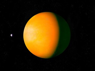 Beautiful yellow planet with moon, exoplanet with satellite. Cosmic background. 