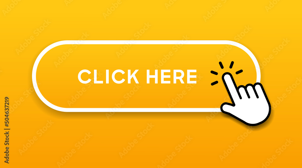 Fototapete Click here web button with hand cursor. Action button click here with arrow pointer. Click button. Modern action button mouse click symbol. Computer mouse click cursor or Hand pointer symbol.