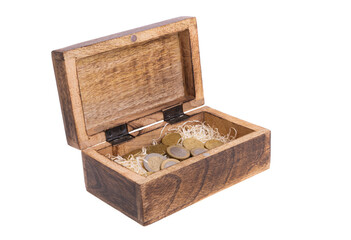 euro coins in wooden box isolated