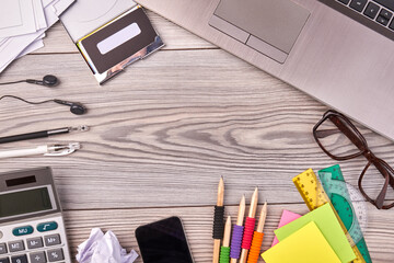 Many office stuff and copy space in the middle. Top view flat lay.