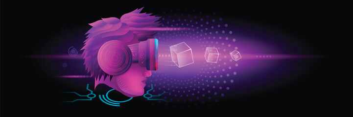 Banner of Metaverse Technology concept. A man head facing to use VR virtual reality goggle for experiences of metaverse virtual world © soponpotsit
