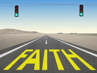 The word Faith written on a road of a spiritual journey.