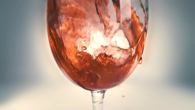 Creative macro slow motion 4k video of red wine pouring into a glass. Glass with pouring red wine close-up.  Filmed on high speed cinema camera.