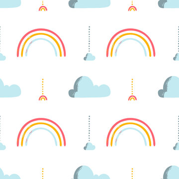 Cute vector seanless pattern with clouds, rainbow and beeads garland. Illustration for wallpaper, background, fabric.