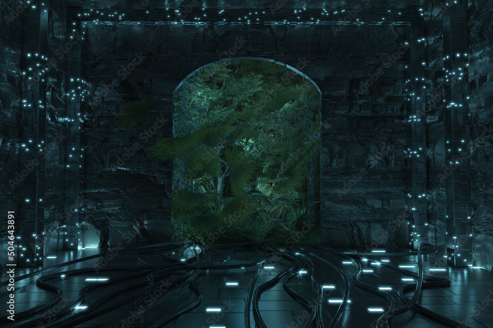 Poster 3d rendering of sci-fi room with futuristic columns in front of arch gate covered by jungle trees