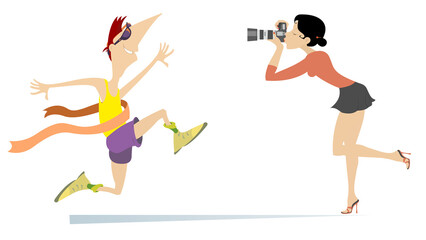 Running man, winner ribbon, photographer.
Young woman takes pictures running of the sportsman with a winner ribbon who crossing a finish line. Isolated on white background
