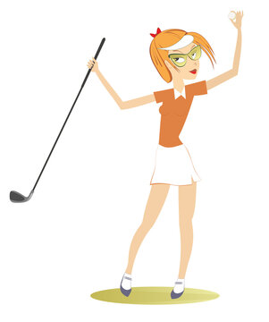 Young golfer woman on the golf course. 
Smiling golfer woman holds a golf club and golf ball isolated on white background
