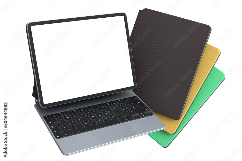 Aufkleber set of computer tablet with keyboard and blank screen isolated on white.