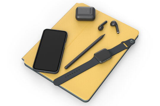Computer tablet with stylus, smartwatch, phone and headphone on white background