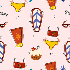 Colorful seamless hand drawn summer pattern with surf coconut, bikini, sun block and sunglasses on white background
