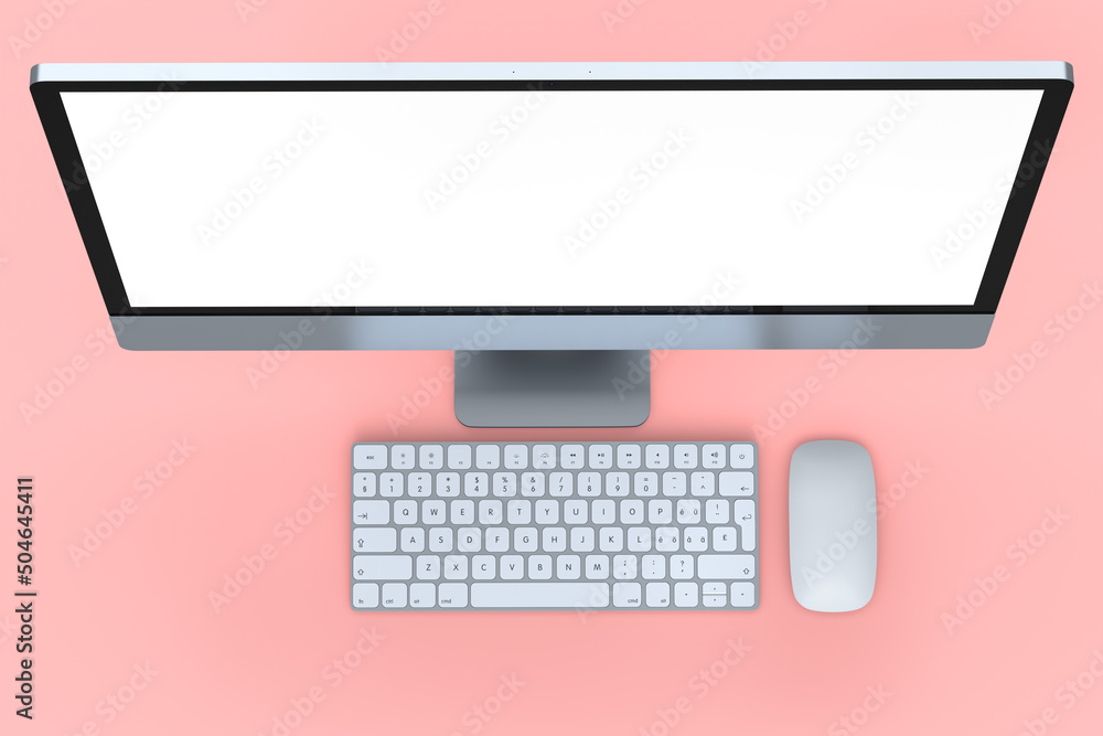 Aufkleber realistic grey computer screen display with keyboard and mouse isolated on pink