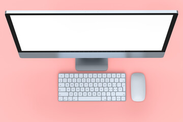 Realistic grey computer screen display with keyboard and mouse isolated on pink