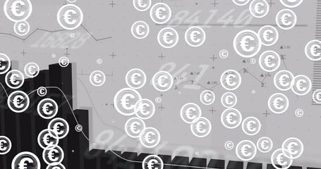 Animation of euro symbols over financial data processing on white background - Powered by Adobe