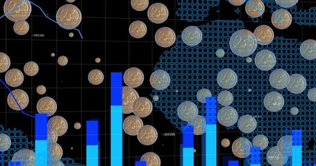 Animation of coins over financial data processing on black background - Powered by Adobe