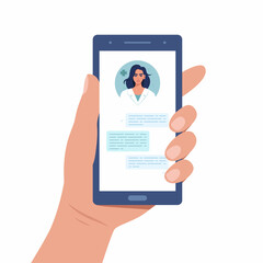 Smartphone screen with female therapist. Video Chat online consultation. Online medical advise or consultation service, telemedicine, cardiology. Vector illustration.