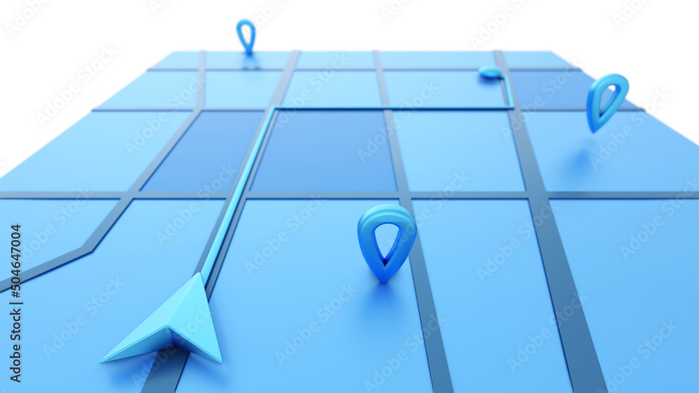 Fototapete minimal style blue gps map navigator. tracking concept. arrow and markers on a map. 3d rendering