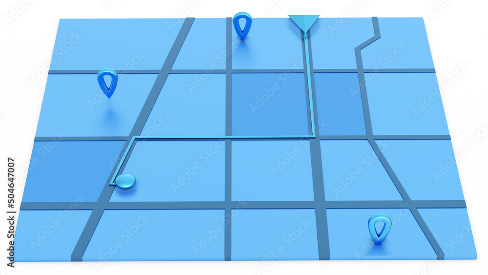 Fototapete minimal style blue gps map navigator. tracking concept. arrow and markers on a map. 3d rendering