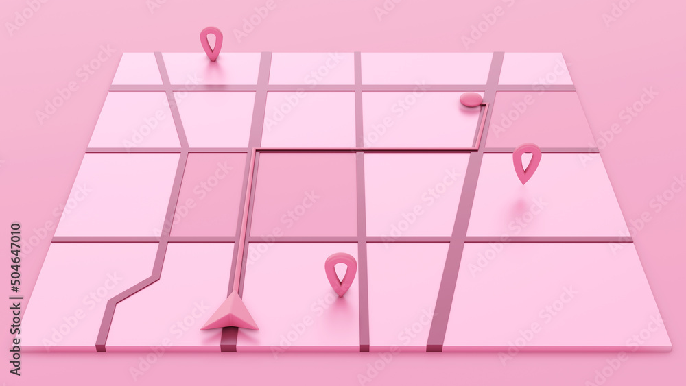Fototapete minimal style pink gps map navigator. tracking concept. arrow and markers on a map. 3d rendering