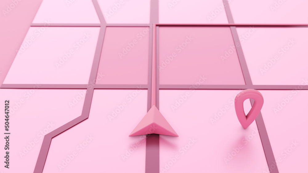 Fototapete minimal style pink gps map navigator. tracking concept. arrow and markers on a map. 3d rendering