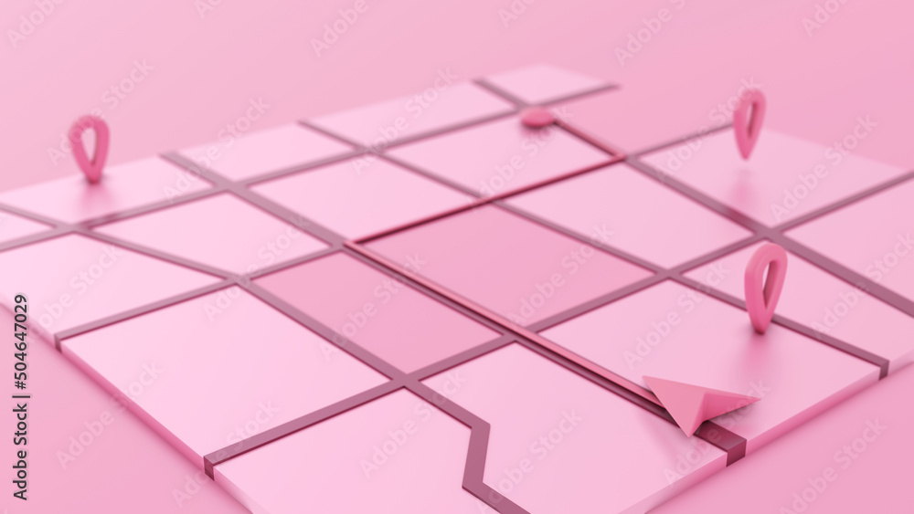 Fototapete minimal style pink gps map navigator. tracking concept. arrow and markers on a map. 3d rendering
