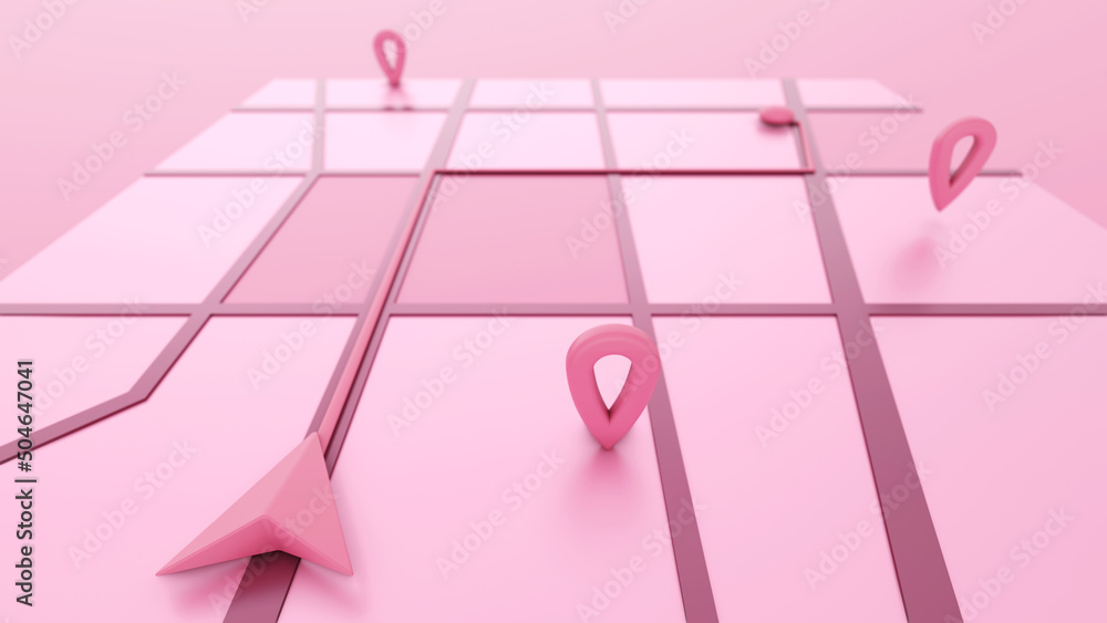 Poster minimal style pink gps map navigator. tracking concept. arrow and markers on a map. 3d rendering